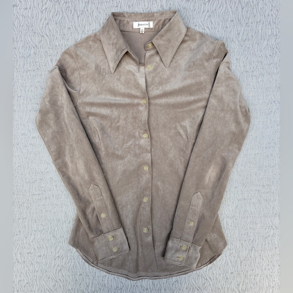 Babaton Aritzia Button Down Suede Taupe Tapered Shirt